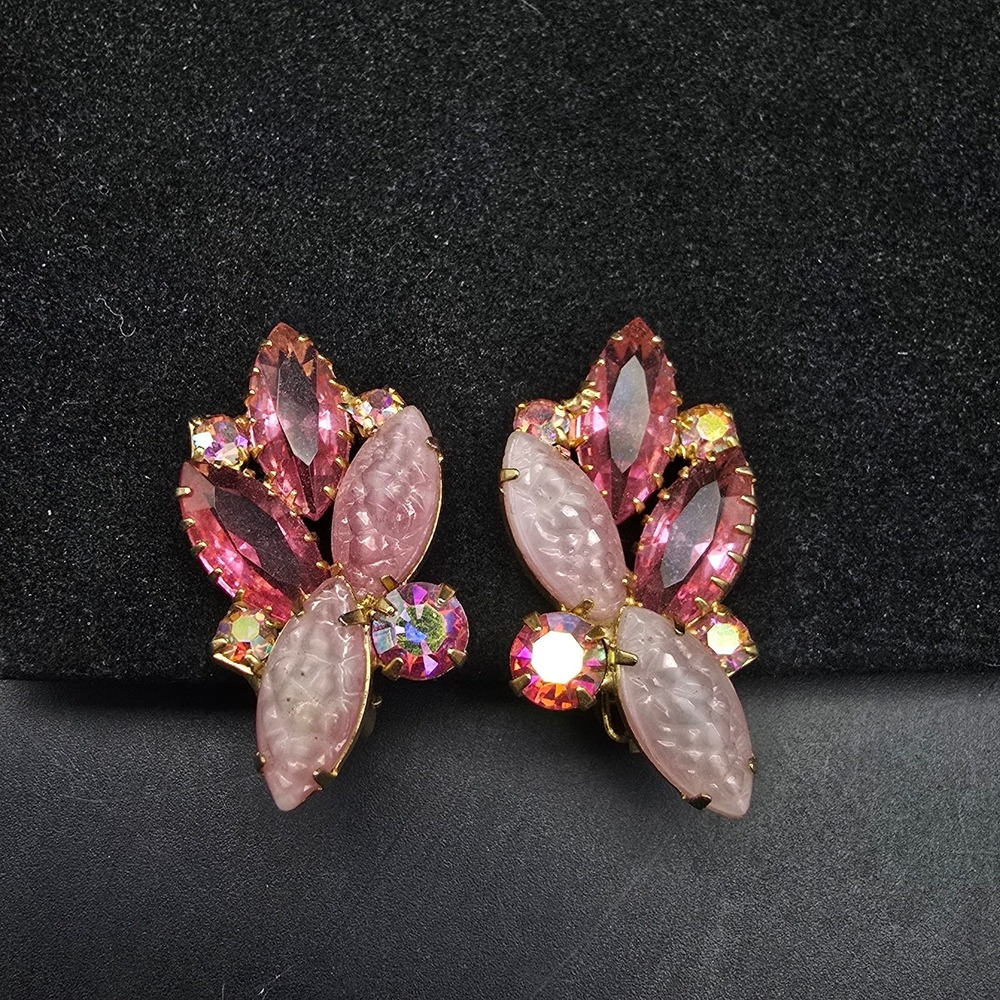 Pink Rhinestone Clip On Earrings AB Navette Vintage Jewelry